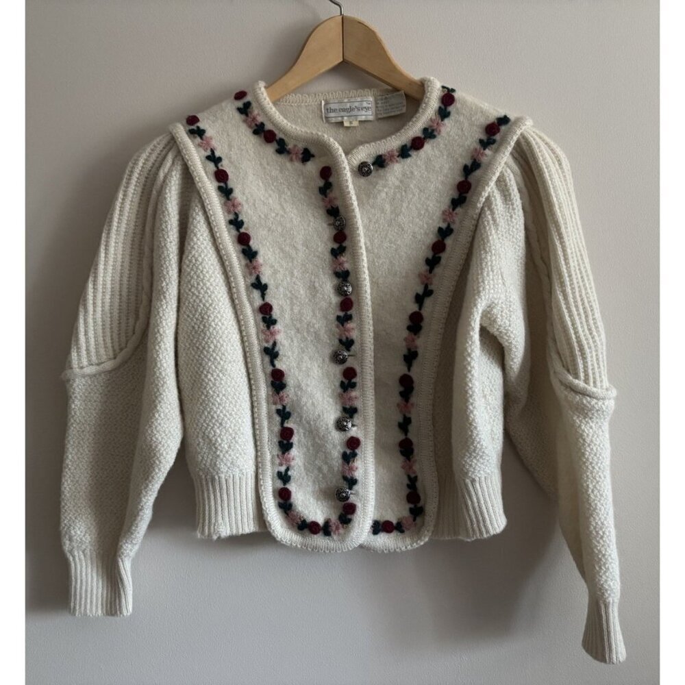 VTG Scotland‎ Style Wool Embroidered Floral Cream Cardigan Crop Cottage Holes